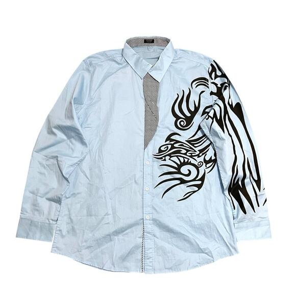 NWOT Coofandy Y2K Tribal Ink Print Shirt Sz L Blue Button Down Flip Cuff Preppy - Picture 1 of 10